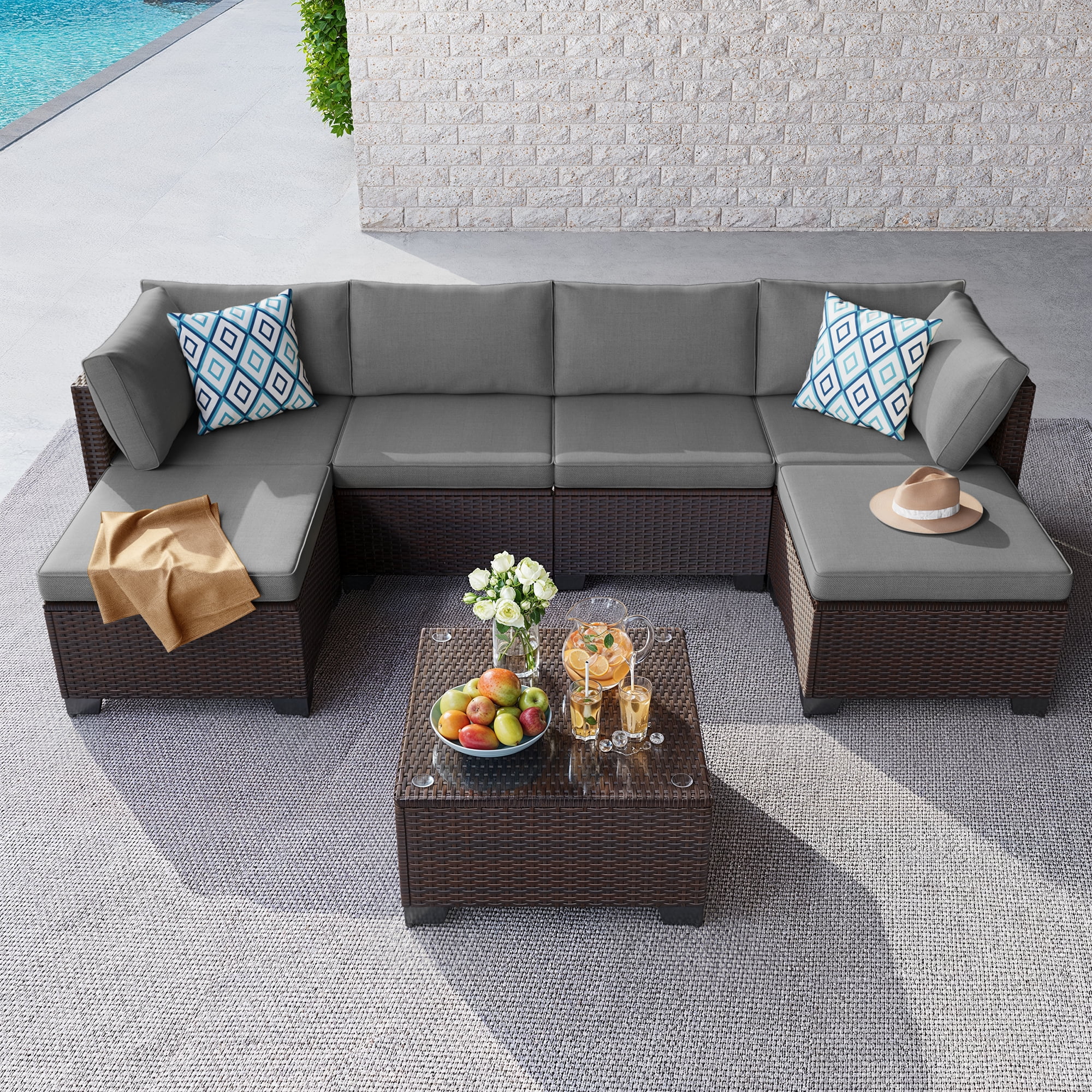 Aiho 7-Piece Outdoor Rattan Sofa Set for 6 with Tempered Glass Table - Patio, Garden & Backyard Furniture, Gray