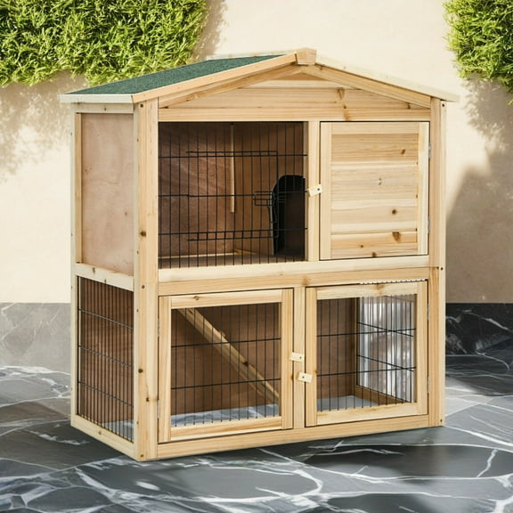 Pefilos 40" 2 Story Rabbit Hutch with Trays, Outdoor Weatherproof Bunny Cage with Ramp, Pet House Chicken Coops, Beige