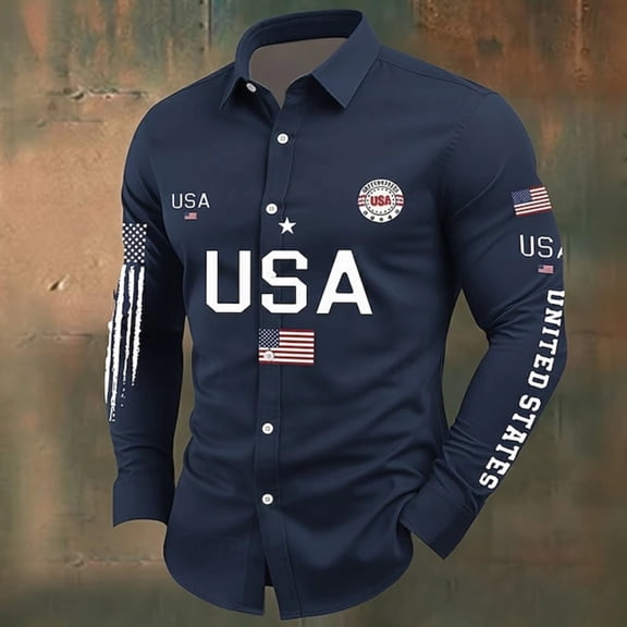 250 Anniversary USA Shirt Long Sleeve Button Down Lapel Shirt Independence Day Plus Size Casual Shirts for Men Dark Blue L