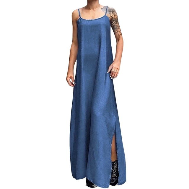 Vestido largo ajustable de denim azul clásico para mujer: diseño con tirantes, tejido elástico, adecuado para ocasiones diarias/formales, varias tallas