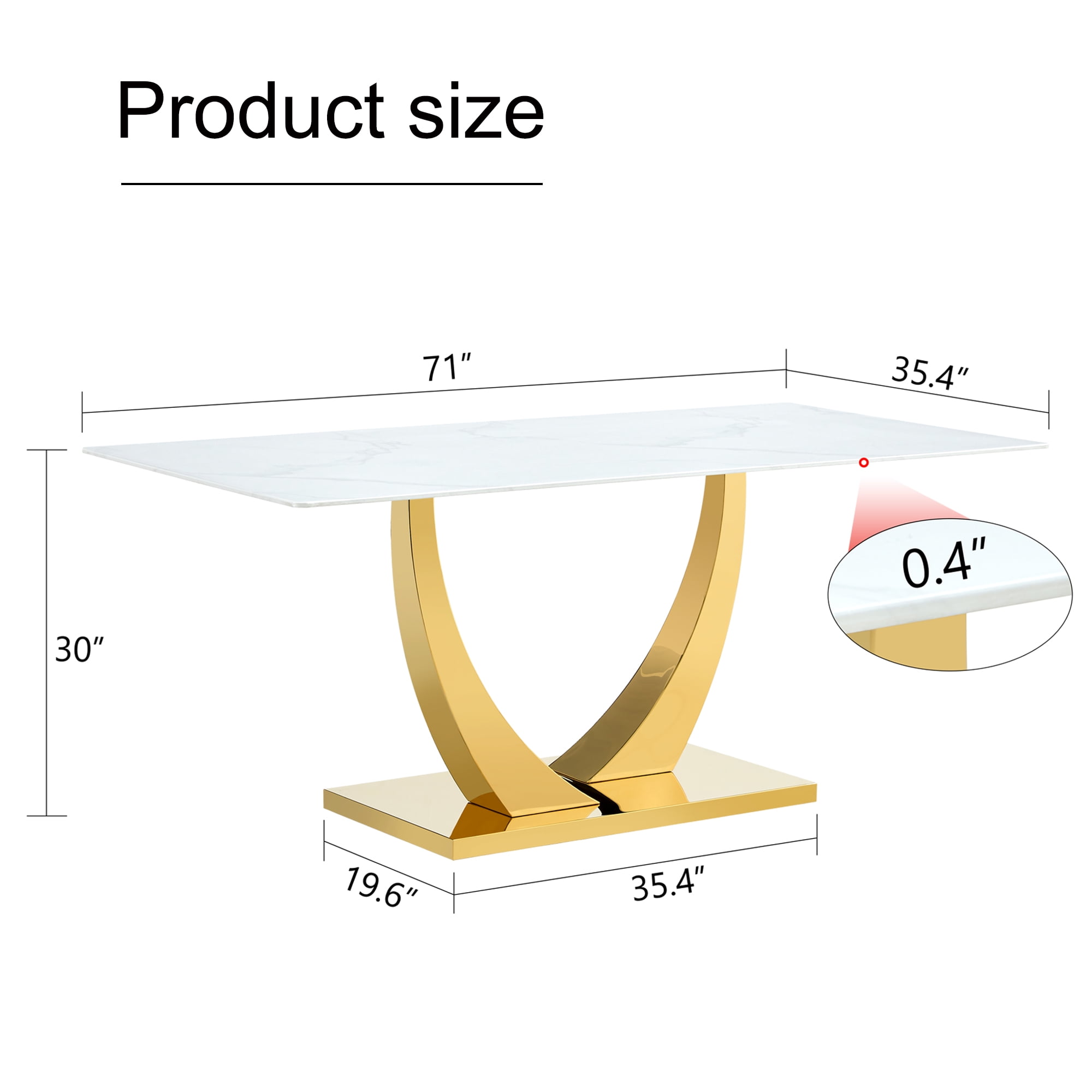 TesNus 71" Rectangular Dining Table, White Faux Marble Glass Top with Gold U Shaped Metal Base for Dining Room