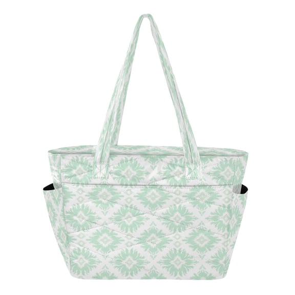 Quilted Tote Bag Large Capacity Multi-Compartment Handbag Green Floral Diamond Pattern Lightweight Structured Shoulder Bag Versatile Casual Bag