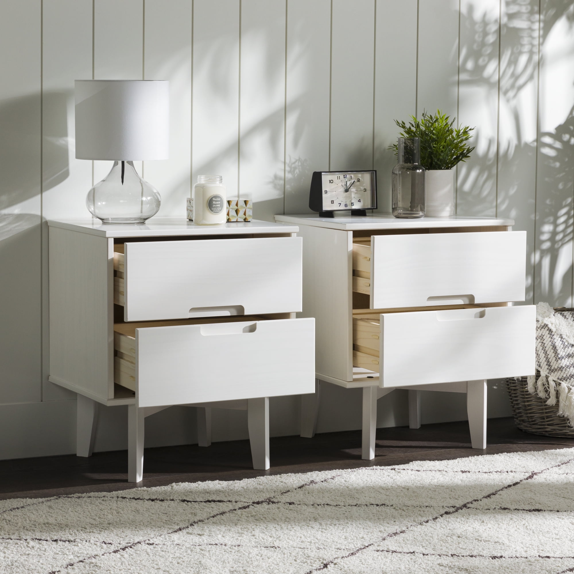 Walker Edison Mid-Century Modern 2-Drawer Solid Wood Nightstands, White, Set of 2