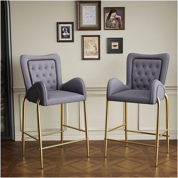 Gray Velvet Counter Height Bar Stools Set of 2 with Golden Legs, Arm Chairs with Footrest for Kitchen Island