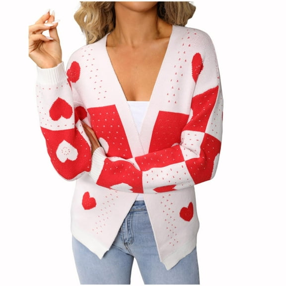 BLVB Women's Open Front Cardigan Sweaters Heart Graphic Long Sleeve Loose Valentines Sweater Outerwear