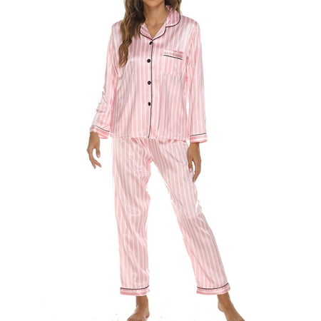 

UKAP Comfy Pajamas for Women 2-Piece Warm and Cozy Silk Pj Set of Loungewear Button Front Top Pants Set Nightwear Pink Stripe L