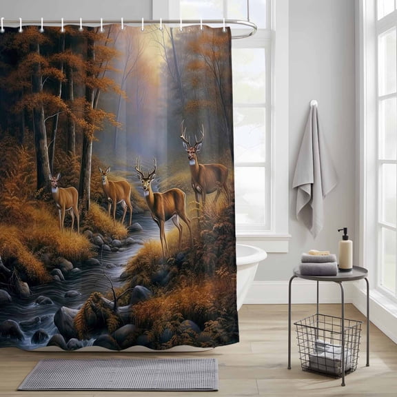 Deer in Fabric Shower Curtain for Bathroom Waterproof Polyester Bath Curtain with 12 Hooks the Forest Brown Trees with Creek Washable Shower Curtain with Grommets 72"x84"