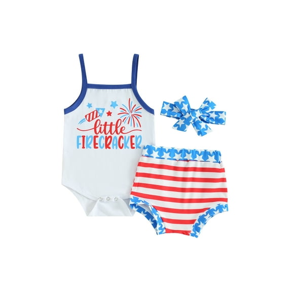 Hirigin My First 4th of July Baby Girl Outfits Letter Print Sling Tank Romper Top American Flag Shorts Headband 3Pcs Clothes Set