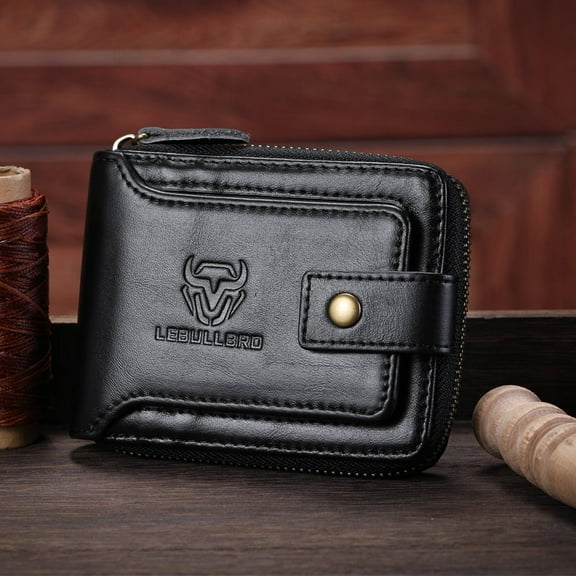 LEBULLBRO Mens Genuine Leather Zipper Wallet RFID Blocking Bifold Zip Around Card Holder Black