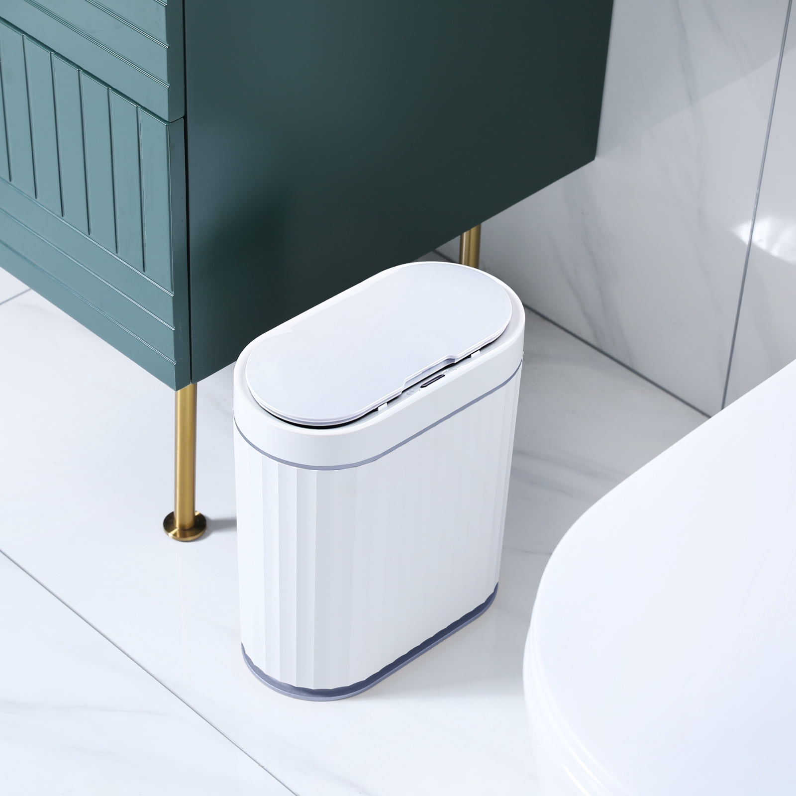 ELPHECO Bathroom Trash Can - 2.5 Gallon Waterproof Sensor Trash Can, 10 Liter Motion Sensor Trash Can, Slim Garbage Bin for Narrow Kitchen and Office Use, White with Grey Trim