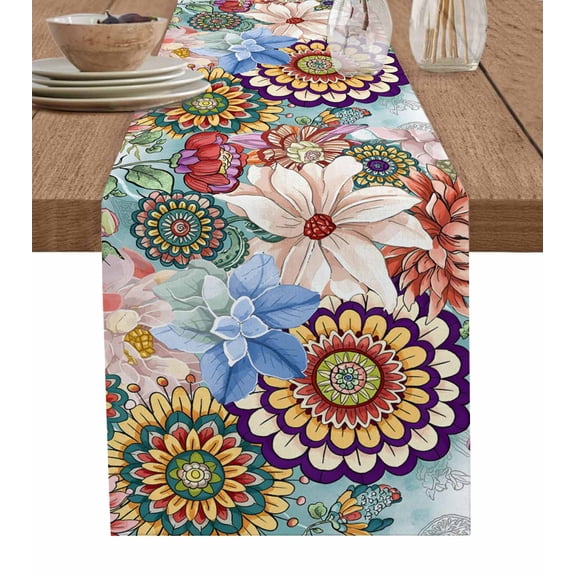 Boho Floral Table Runner Bohemia Colorful Mandalas Botanical Flower Tablerunners 13 x 70 Inch, Table Decorations Tabletop Scarf for Summer Gathering Holiday Farmhouse Kitchen Dining Decor