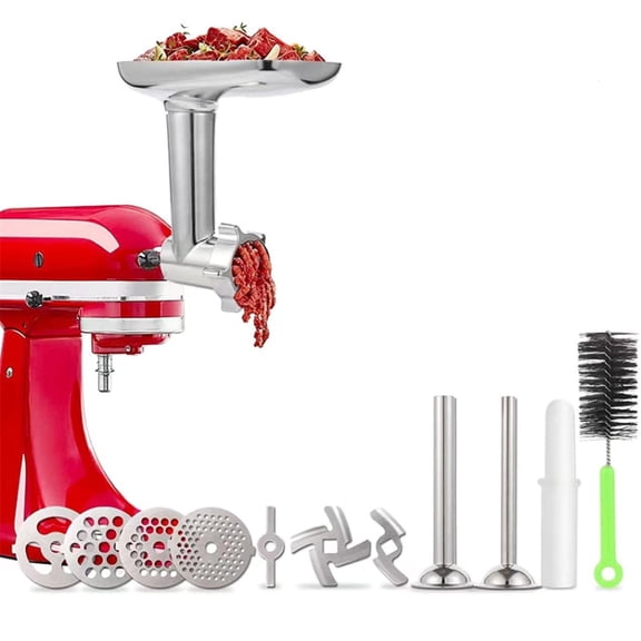Universal Meat Grinder Attachment Set for KitchenAid Mixers, Dough Maker & Food Processor Accessories, Silver Gray Metal Components with Cleaning Brush
