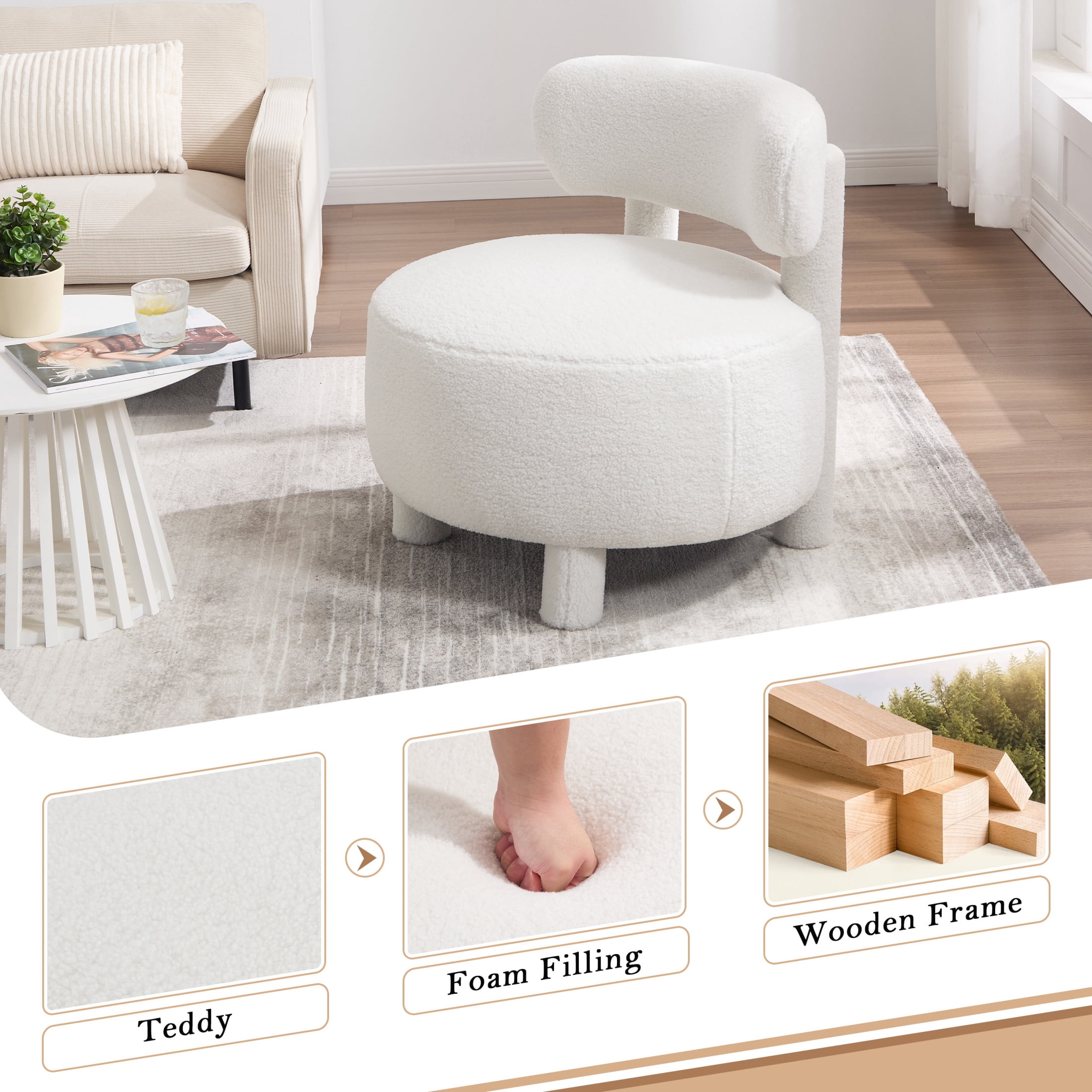 Noble House Dorell Teddy Upholstered Dining Chair, Wooden Frame Reading Side Chair with Curved Backrest, White