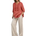 thumbnail image 4 of Womens 2 Piece Outfits 3/4 Sleeve Cotton Linen Embroidered Shirts Wide Leg Capri Pants with Pockets Matching Sets, 4 of 6