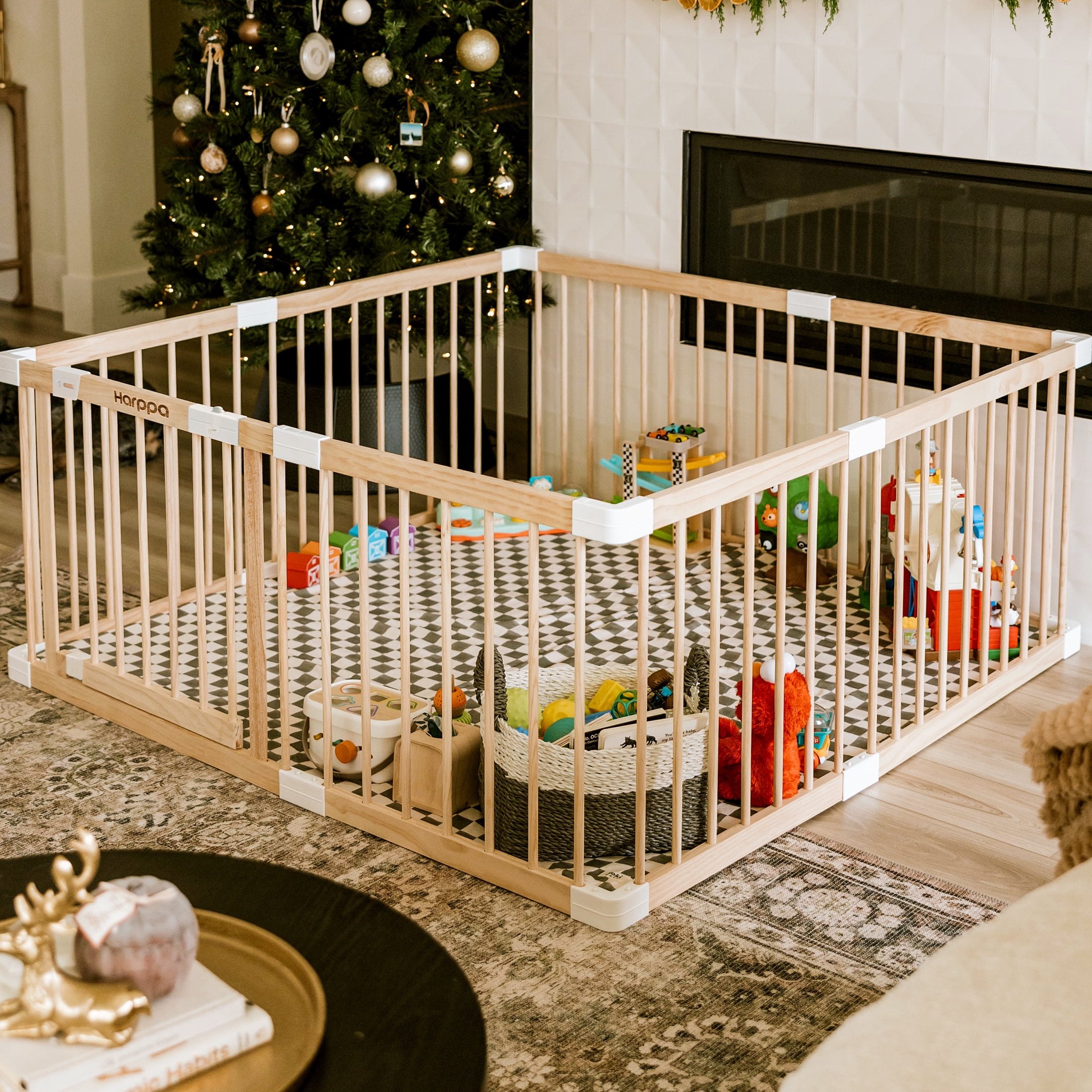 HARPPA Wooden Baby Playpen with Gate, Adjustable Panel Play Yard Fence for Toddlers, Greenguard gold certified,57" x 57" x 24"