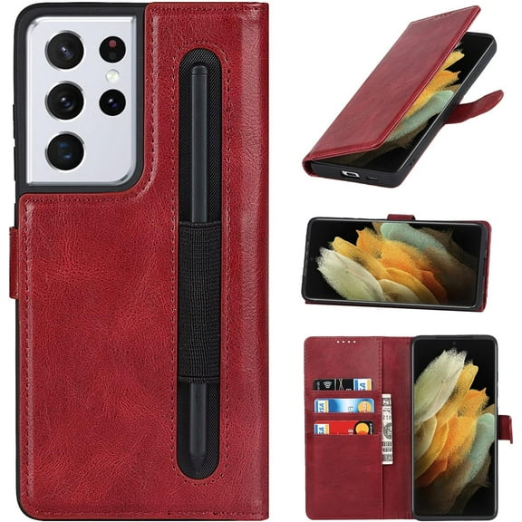 Compatible with Samsung Galaxy S21 Ultra Wallet Case with S Pen Holder,[Stand Feature] Magnetic Closure Protective with Card Slot,Premium PU Leather Case for Galaxy S21 Ultra 6.8 Inch,Wine Red