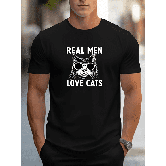 Men's Trendy Hand-Painted Kitten Print T-Shirt, Casual Crew Neck Short Sleeve