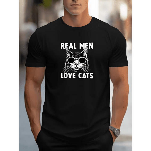 Men's Trendy Hand-Painted Kitten Print T-Shirt, Casual Crew Neck Short Sleeve