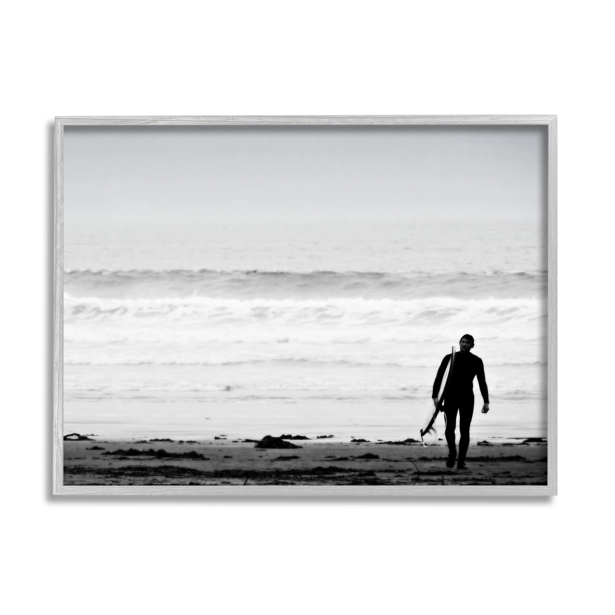 Stupell Industries Surfer Silhouette Beach Stroll Distant Ocean Waves Photograph Gray Framed Art Print Wall Art, Design by Graffitee Studios