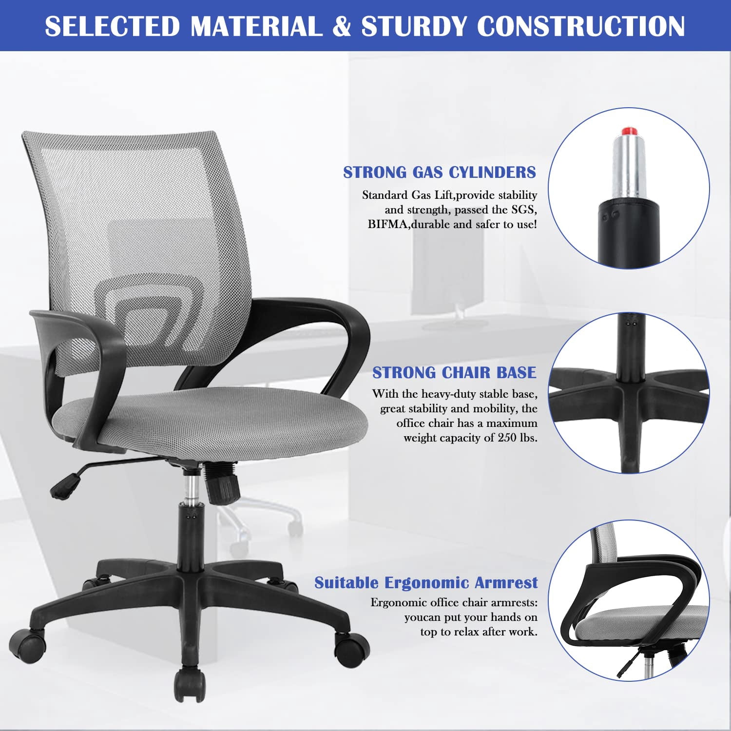 CL.HPAHKL Ergonomic Task Office Chair, Mesh Computer Chair with Lumbar Support Adjustable Mid Back Swivel Rolling Chair with Armrests, Ideal for Home Office & Study, Grey