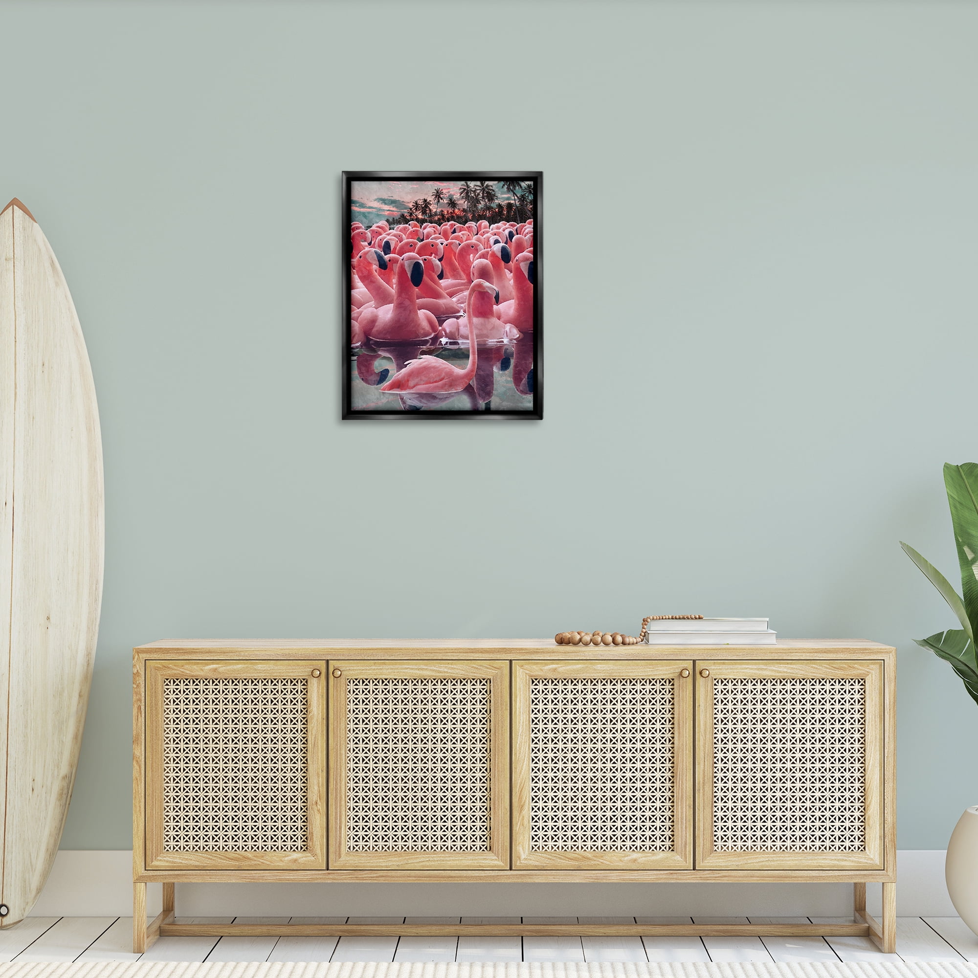 Stupell Industries Flamingo Among Floats Nautical & Beach Painting Black Floater Framed Canvas Art Print Wall Art, 25 x 31