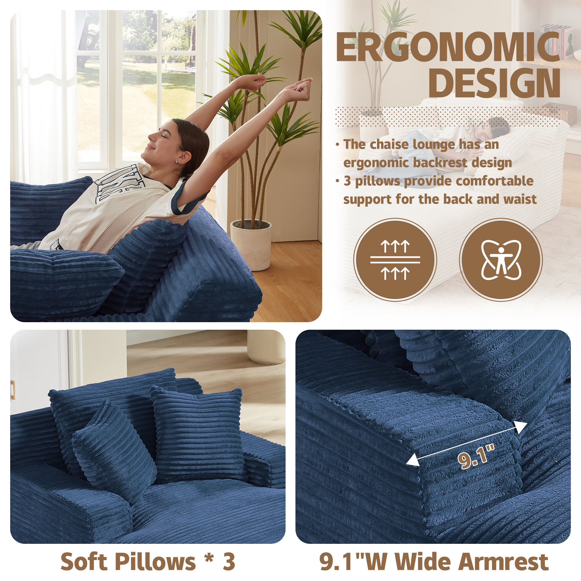 Kosynda Extra-long 79" Chaise Lounge Chair Indoor, Corduroy Upholstered Modern Sofa Couch with Pillows for Living Room, Office, No Assembly Required, Blue