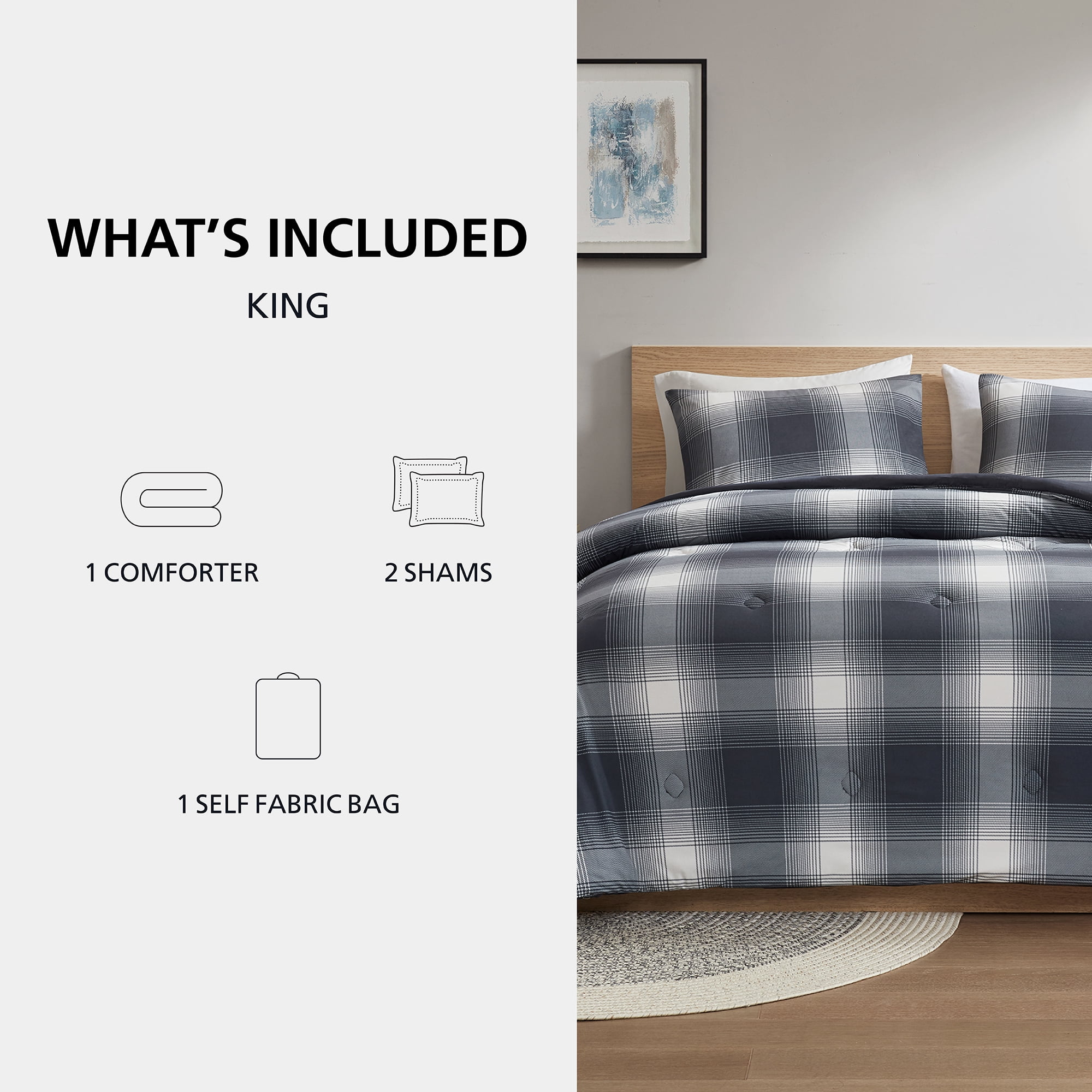 Mainstays Shadow Plaid 3-Piece Grey Comforter Set, King