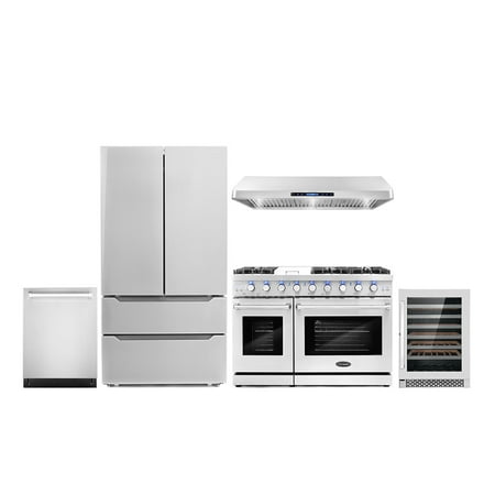 Cosmo 5 Piece Kitchen Appliance Packages with 48  Freestanding Gas Range 48  Under Cabinet Mount 24  Built-in Fully Integrated Dishwasher French Door Refrigerator &amp; 48 Bottle Wine Refrigerator