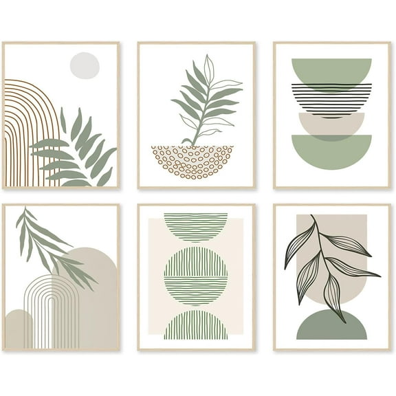 Sage Green Boho Wall Art Prints, Abstract Geometric Boho Wall Decor Leaf Sun Moon Line Canvas Art Painting, Minimalist Green Boho Room Decor Posters for Bedroom Gallery Living Room Bathroom Boho Home
