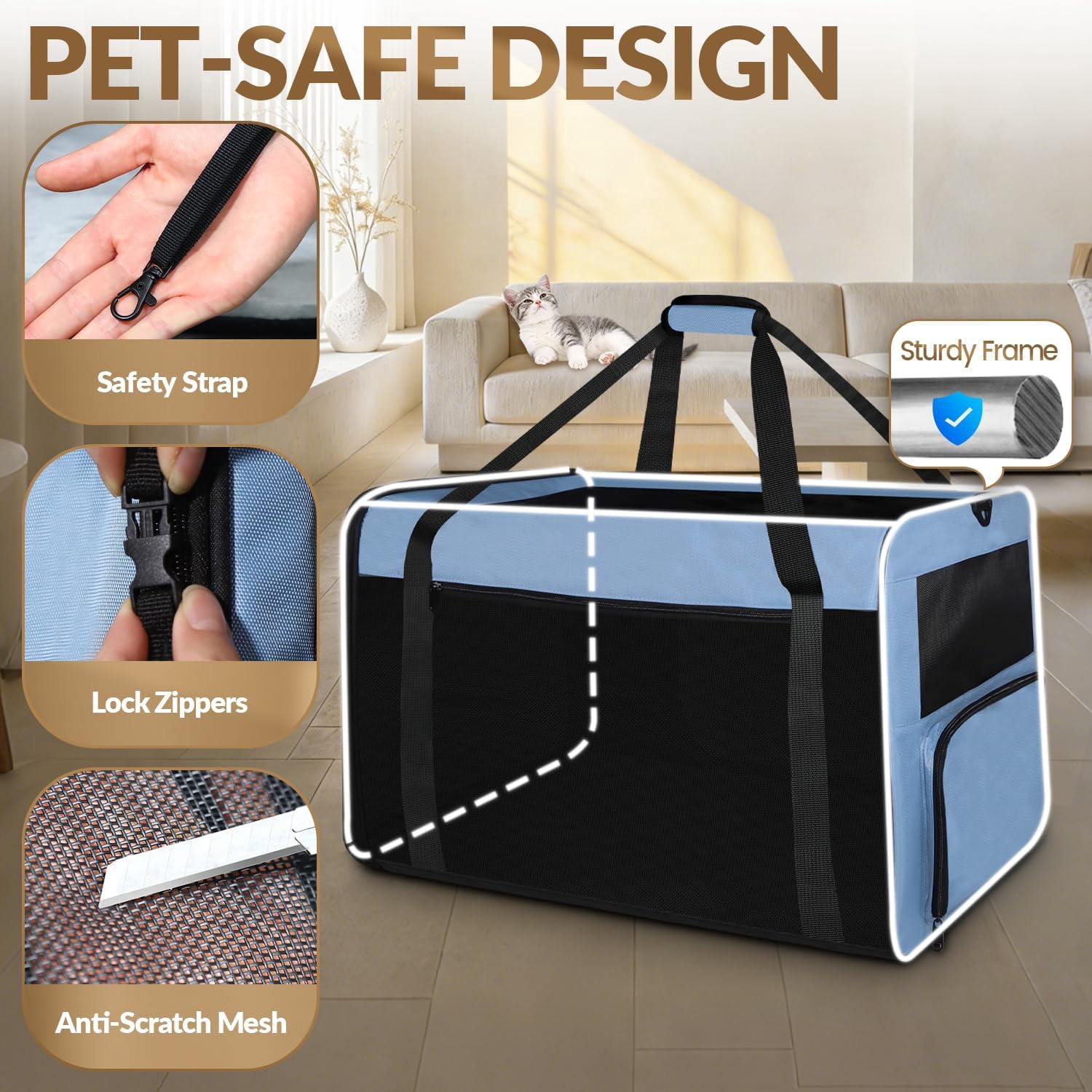 Large   with Litter Box for Car Travel, Soft Sided  for Cats  to 55lbs, Collapsible Dog Crate with  Belt Buckles and Locking Zippers (Blue)