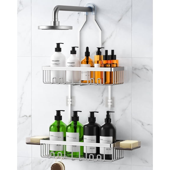 WATIOWL Shower Caddy Hanging Organizer Rack with Hooks and Soap Holder, Rustproof Aluminum Bathroom Storage, Silver