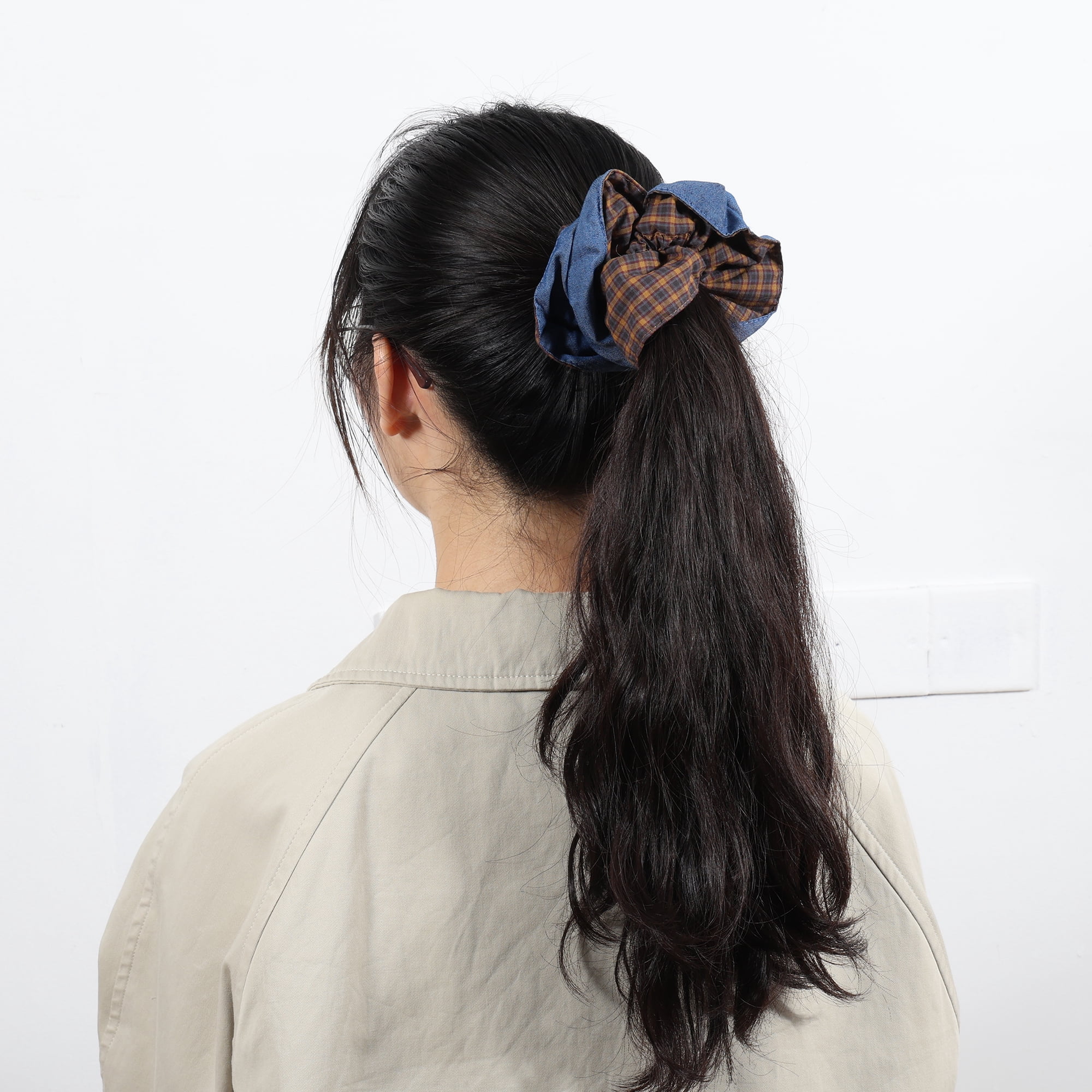 Unique Bargains Fashionable Denim Hair Ties All Occasions 1 Pc Blue, Brown Plaid