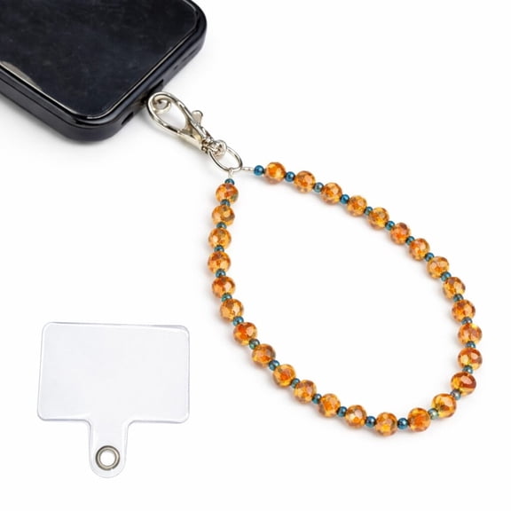 Orange Crystal Beaded Phone Wrist Strap with Secure Metal Clasp and Clear Patch, Stylish Hand Strap Accessory