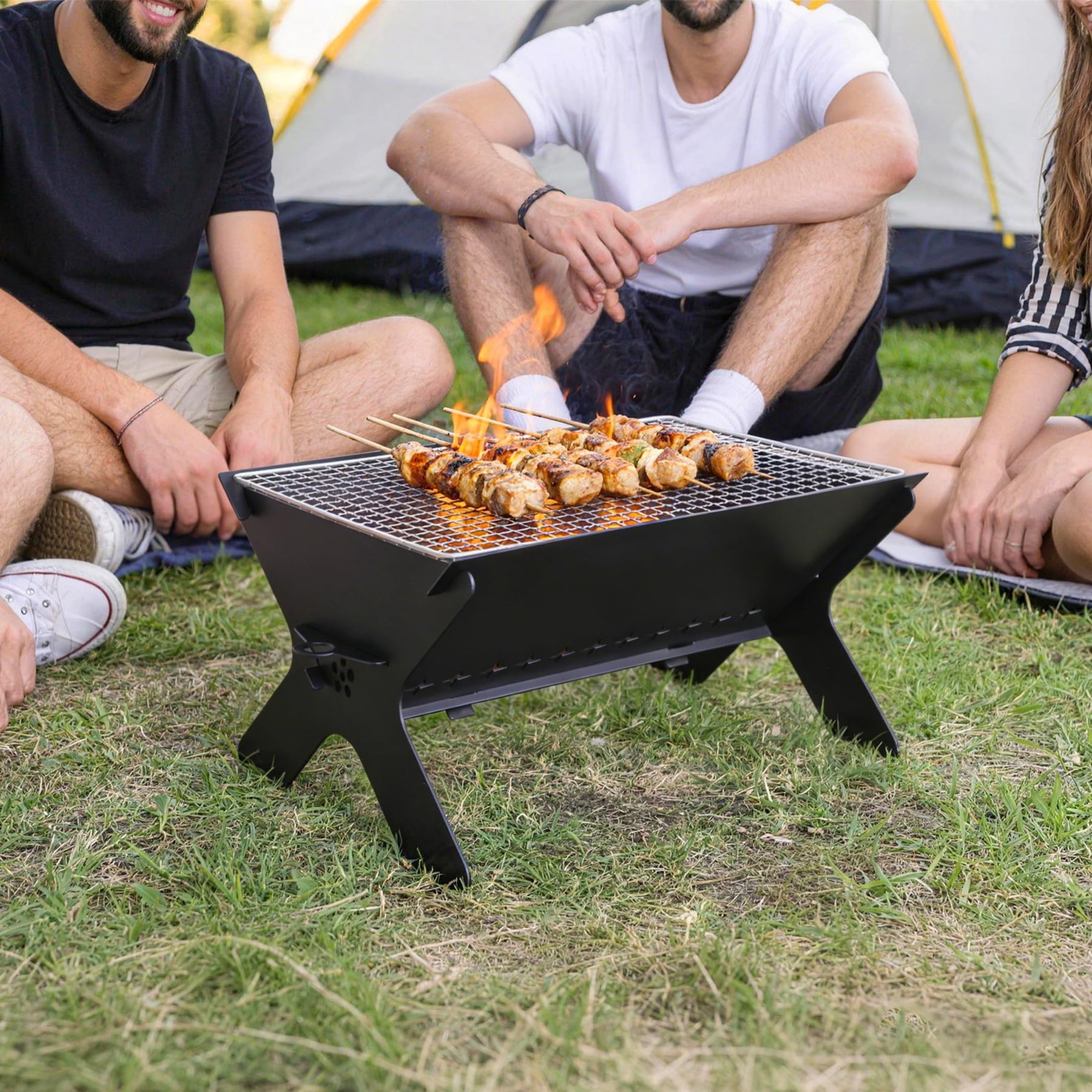 REDCAMP Portable Charcoal Grill, Large Folding Stainless Steel Fire Pit Grill with Carry Bag, Heavy Duty Campfire Grill for Outdoor Camping BBQ Cooking, Black