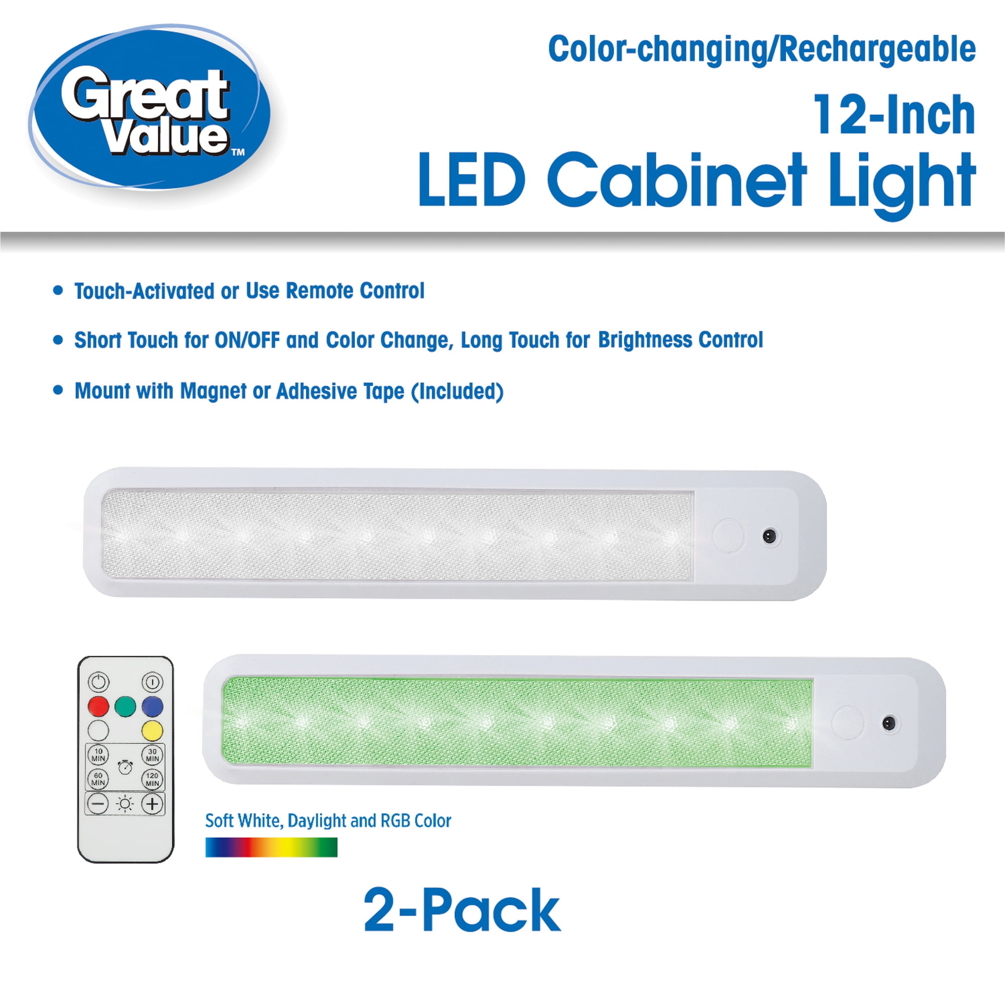 Great Value LED 100 Lumens 12-inch Rechargeable Color-Changing Under Cabinet Light, 2-Pack