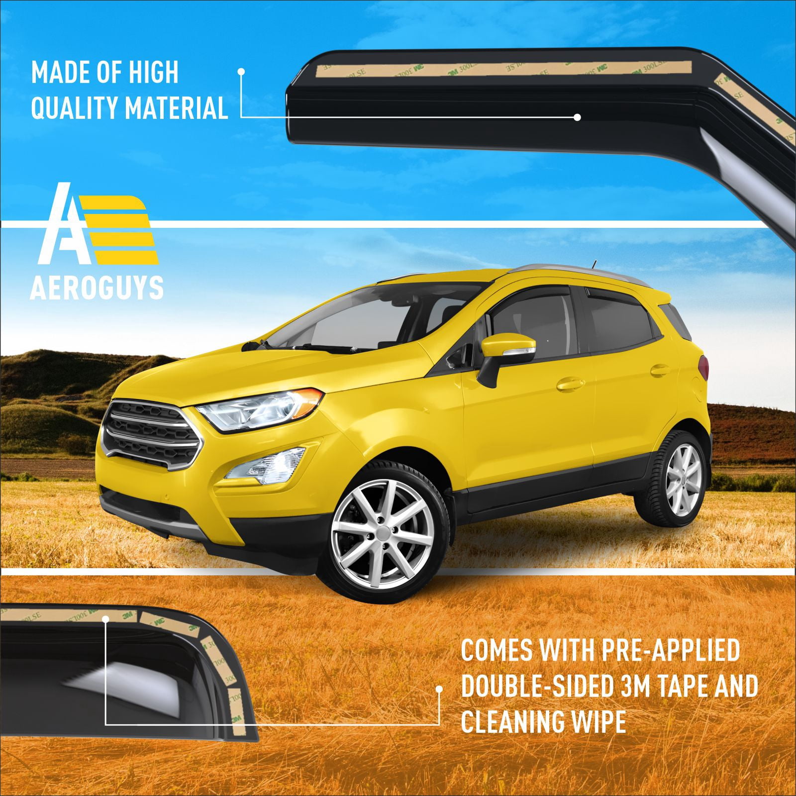 AEROGUYS In-Channel Window Deflectors Extra Durable Window Visors Rain Guards Fit for Ford EcoSport 2018-2024, Sun Visors, Wind Vent Visors, Car Accessories - 4pcs. AG0452
