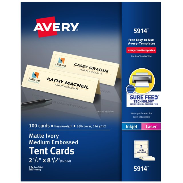 Tent Cards Avery 5914 Sure Feed 100 Ivory Láser/Inyección de tinta