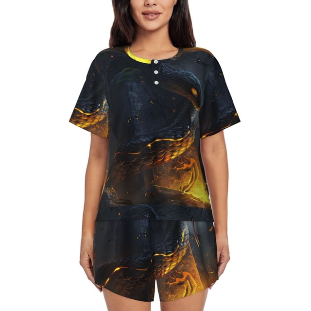 Fotbe Glowing Snake Dark Forest Conjunto de Pijama Estampado para Mujer, 2 Piezas, Ropa de Dormir con Camiseta de Manga Corta y Shorts Suaves-XX-Large