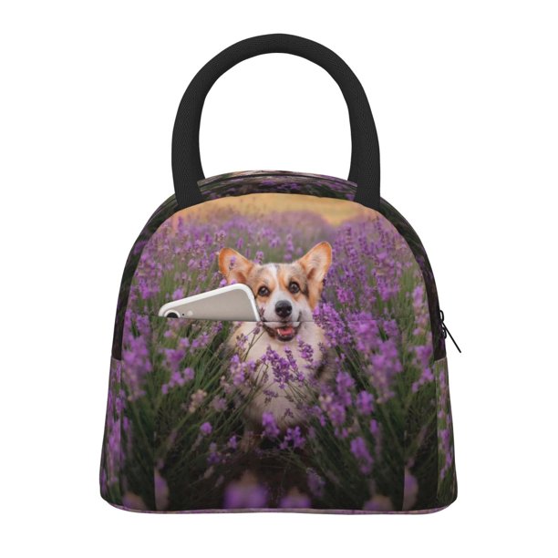 Disketp Dog in Lavender Flowers Bolsa Térmica para Almuerzo, Lonchera con Abertura Amplia y Gran Capacidad, Organizador Reutilizable para Mujeres, Hombres y Adultos
