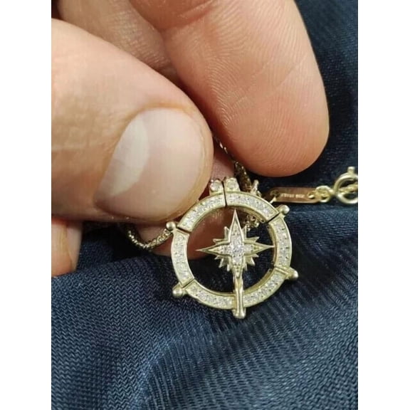 Silver & Stone Jewels Round Cut CZ Stunning Compass Round Pendant In 14K Yellow Gold Finish