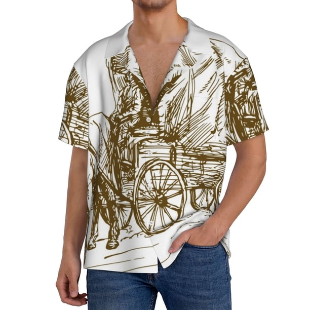 Fotbe Western Scenery With Old Wagon Camisa Estampada de Manga Corta para Hombre, Casual de Verano, Estilo Playero, Sin Arrugas-Small
