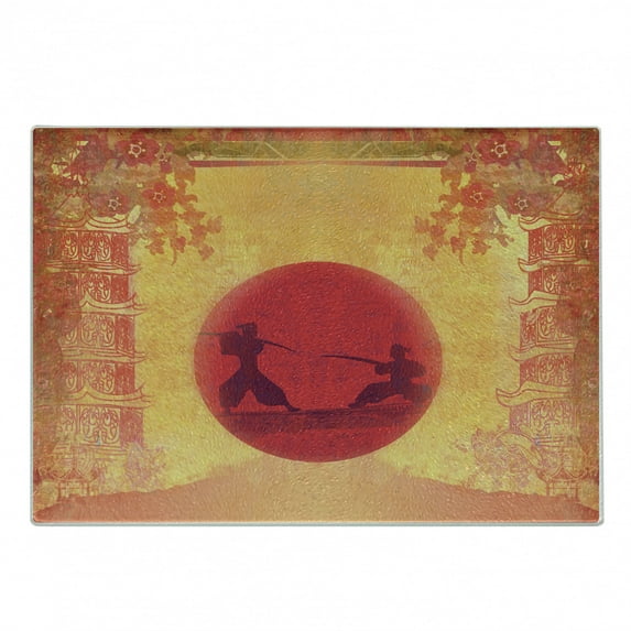 Japanese Cutting Board, Warrior Ninjas at Sunset Between Building Flowers Theme Japanese Print, Decorative Tempered Glass Cutting and Serving Board, Small Size, Mustard and Purple, by Ambesonne