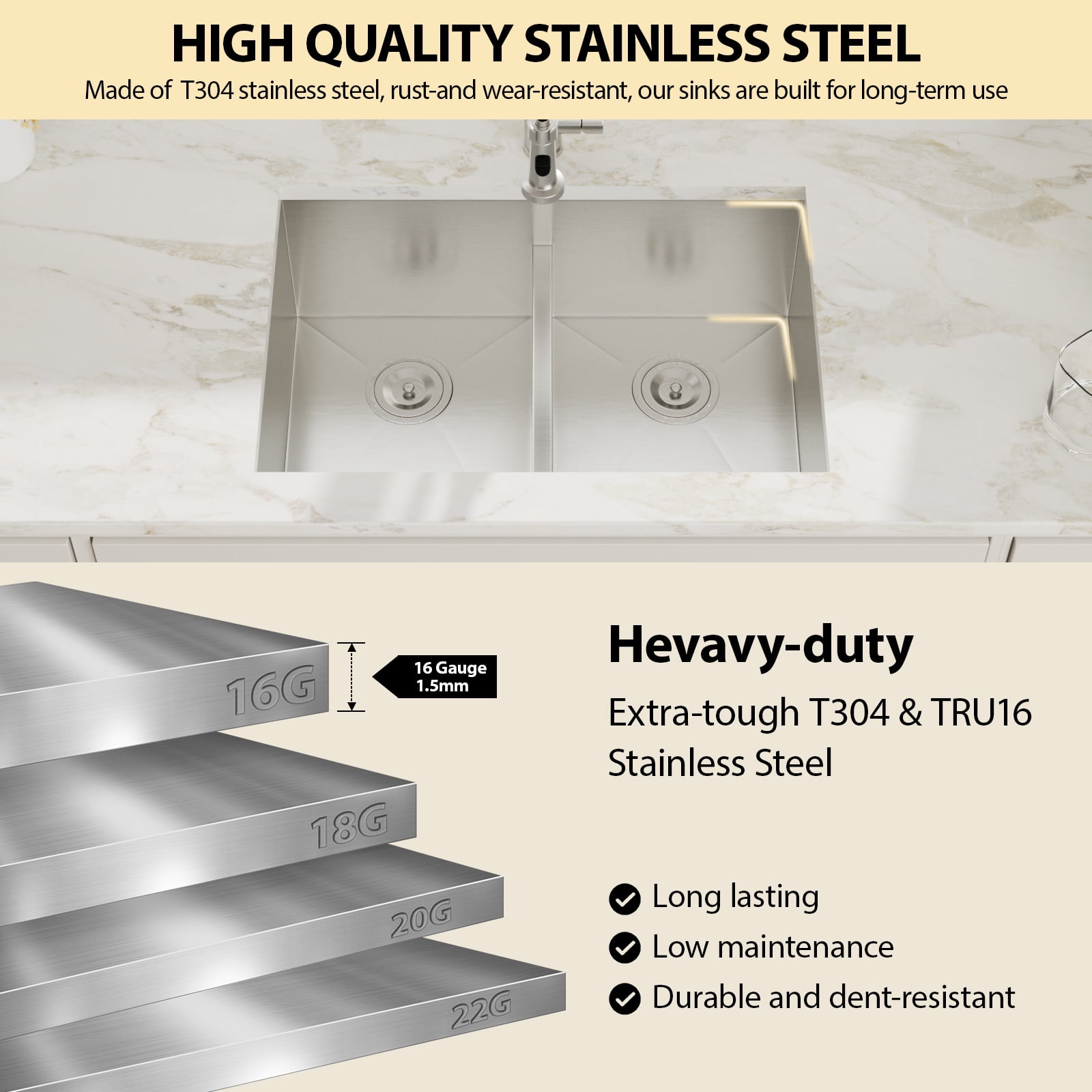 28 in. Undermount 50/50 Double Bowl 16 Gauge T304 Stainless Steel Low Divided Kitchen Sink with 2Pcs Bottom Grids/Drains