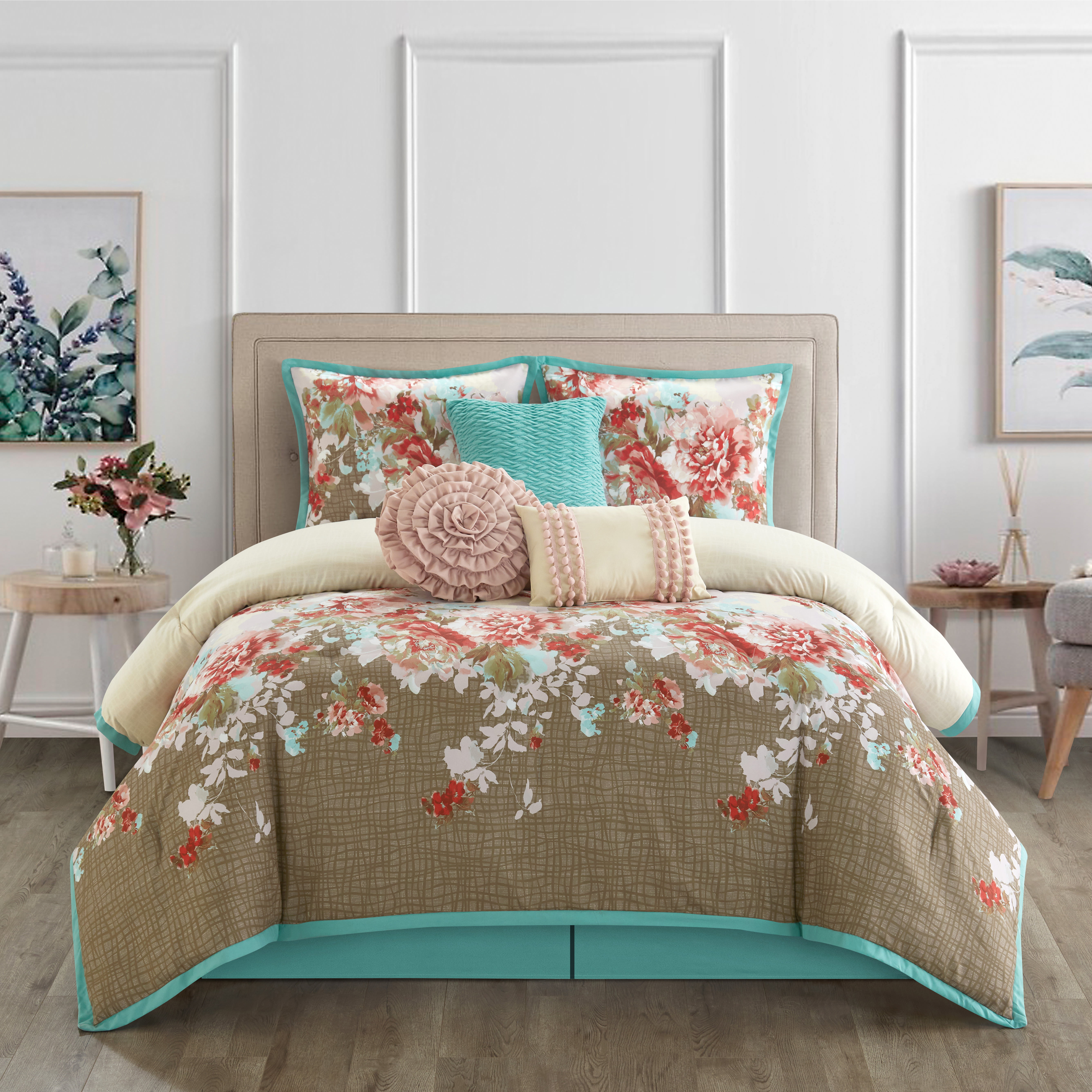 7 Piece Multi Color Gitano Jacquard Floral Patchwork Comforter Set or Curtain 