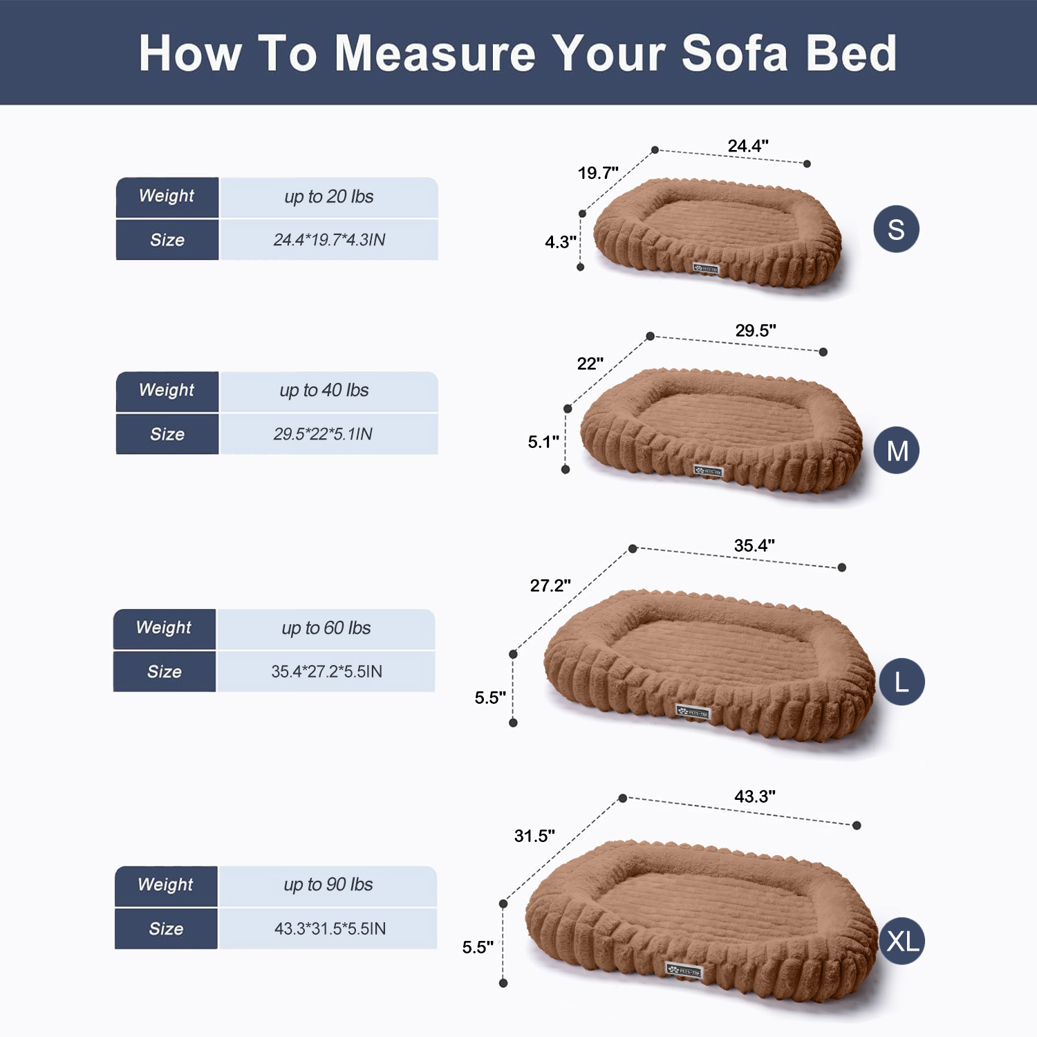 SANMADROLA Cute Dog Beds for Large Sized Dog, Washable Large Dog Beds, Rectangle Pet Beds for Big Dogs, Furry Bolster Soft Warming Calming Pet Bed with Non-Slip Bottom, 35.4"x27.2"x5.5",Brown