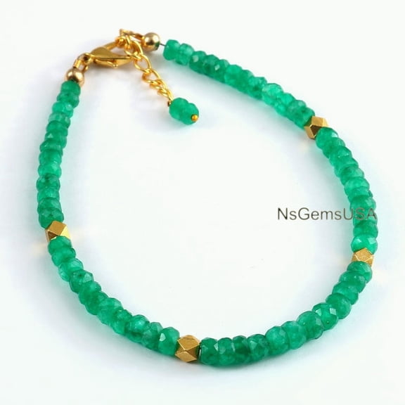 Natural Emerald Beaded Bracelet: 4mm Faceted Gemstone, Adjustable