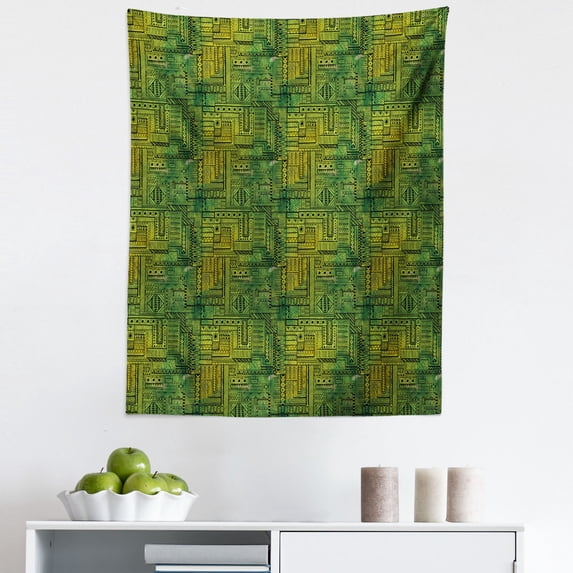 Green Tapestry, Tribal Style Geometric Lines on Green Watercolor Background Digital Print, Fabric Wall Hanging Decor for Bedroom Living Room Dorm, 5 Sizes, Black Yellow Green, by Ambesonne