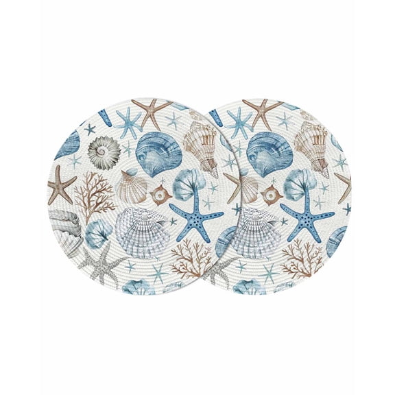 Round Woven Placemats set of 2, Blue Coastal Ocean Beach Themed Washable&Heat Resistant Plastic Wipeable Placemats for Round Table Nautical Coral Starfish Kitchen Dining Table Decor, 15in,