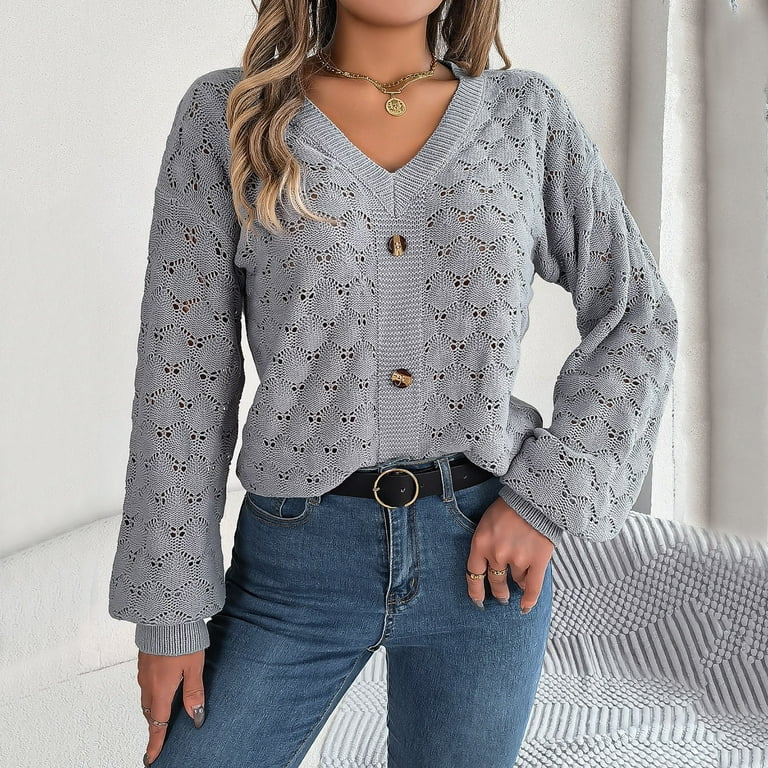 JHLZHS Womens Sweaters Dressy Casual Fall 2023 2024 V Neck Button Hollowed Out Sleeves Autumn Lightweight Winter Casual Pullover Sweater Gray Small Walmart