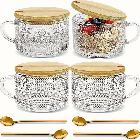 Retro Glass Coffee Cups Set of 4 - 450ml/15.2oz Clear Embossed Design with Bamboo Lids & Spoons - Ideal for Iced Coffee, Latte, Cappuccino, Overnight Oats - Elegant Coffee Bar Accessories